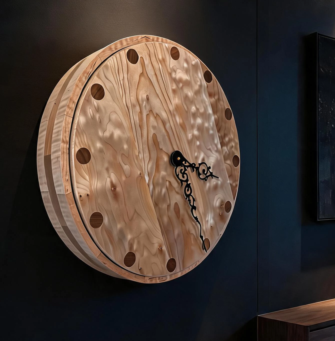 24-inch custom curly maple and cherry wall clock with circular walnut inlays and hidden shelf storage