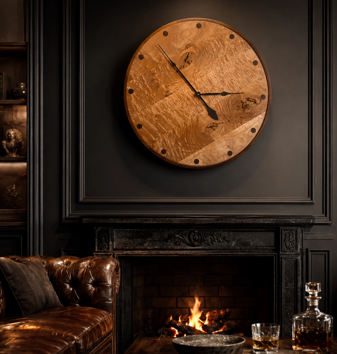 29-inch custom walnut wall clock with walnut inlays, distressed quilted maple face, and hidden shelf storage