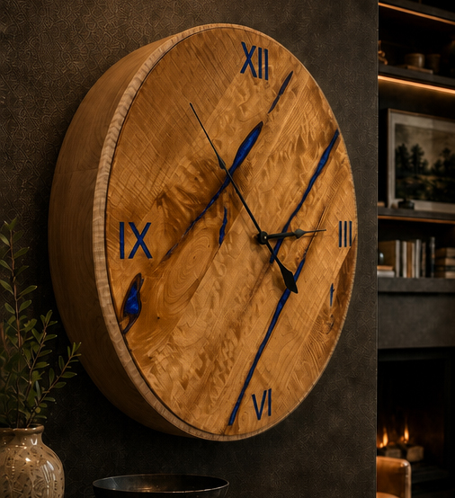 Handmade hardwood wall clock with the circular inset face closed