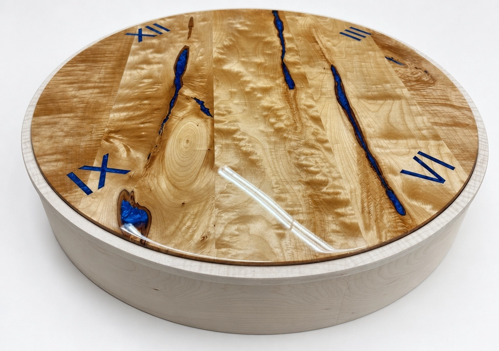 Cherry clock with maple crown and unfinished body during final assembly