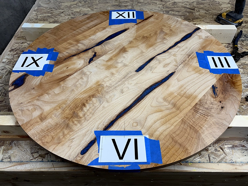 Clock face preparation for hand-carved Roman numerals on a figured wood wall clock