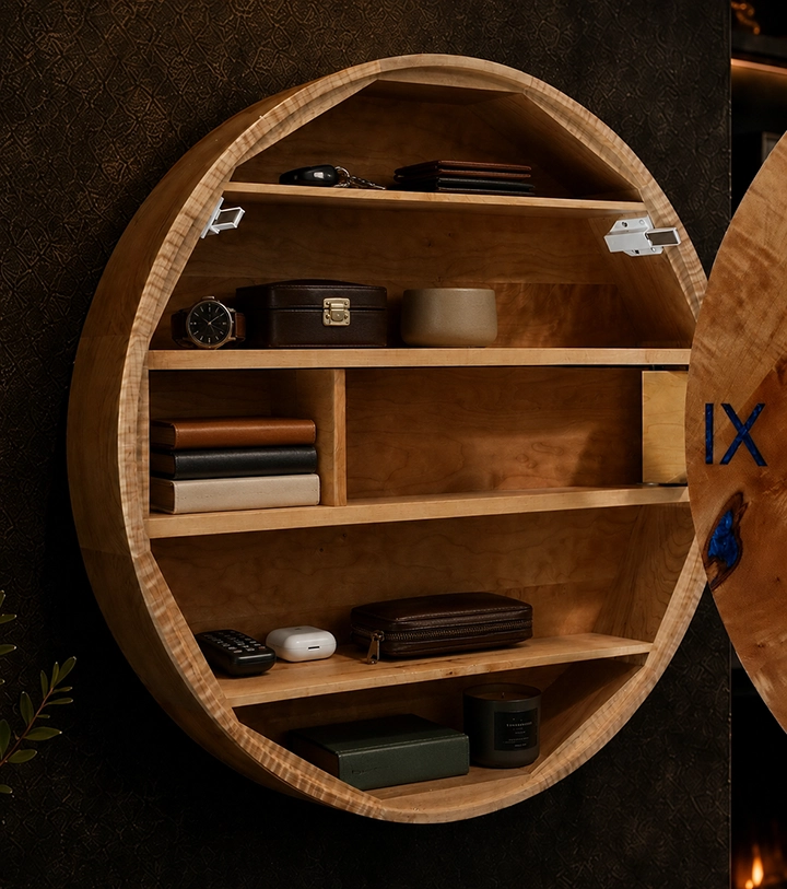 Hidden shelves shown in use inside a handmade hardwood wall clock