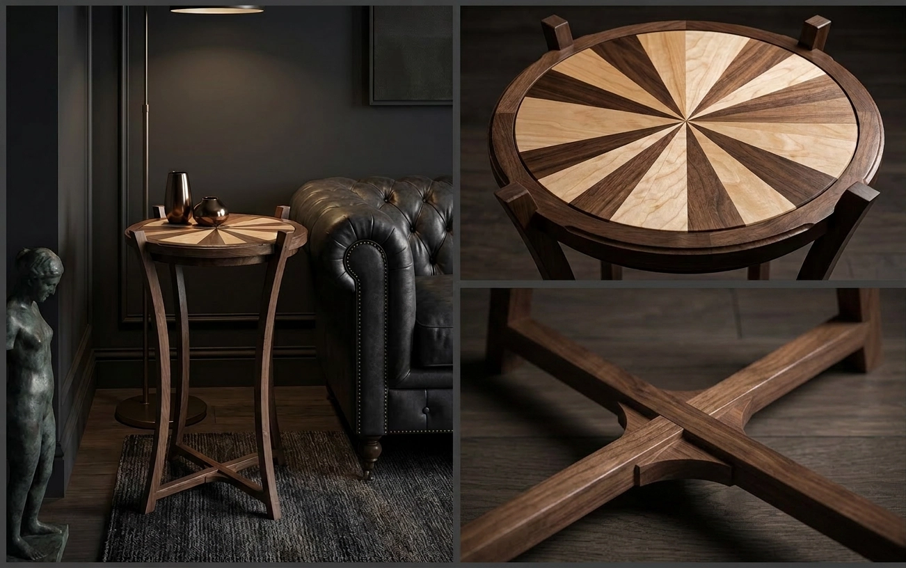Custom handmade pinwheel side table made of maple and walnut