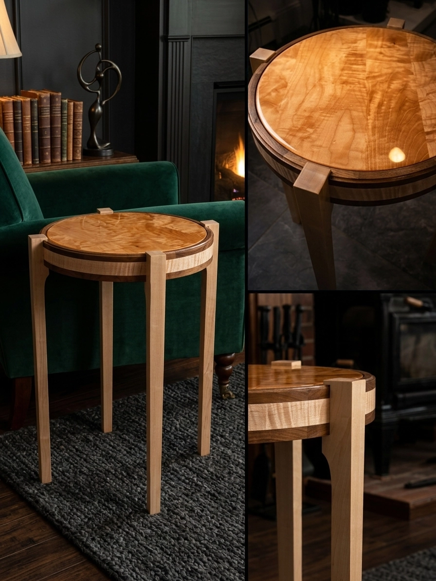 Custom handmade side table made of maple and walnut