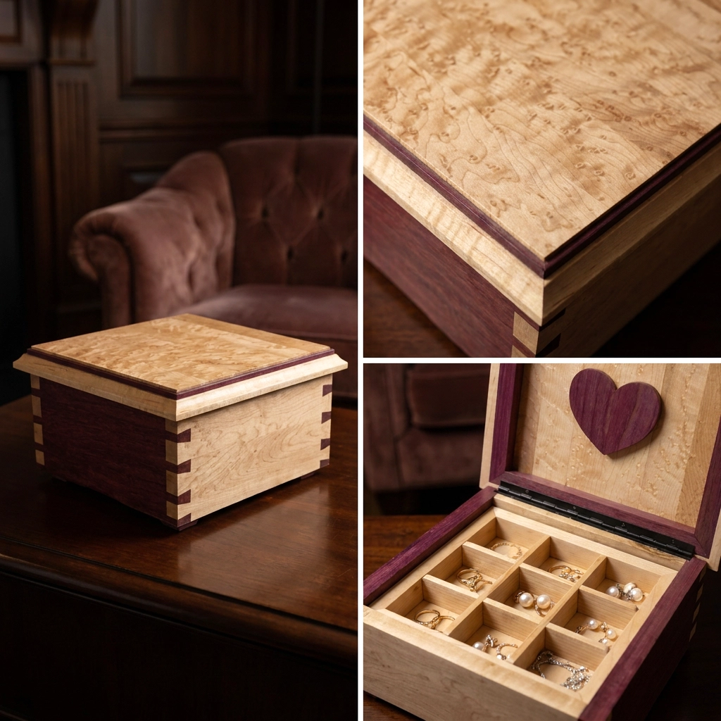 Handmade jewelry box made of birds-eye maple and purple heart