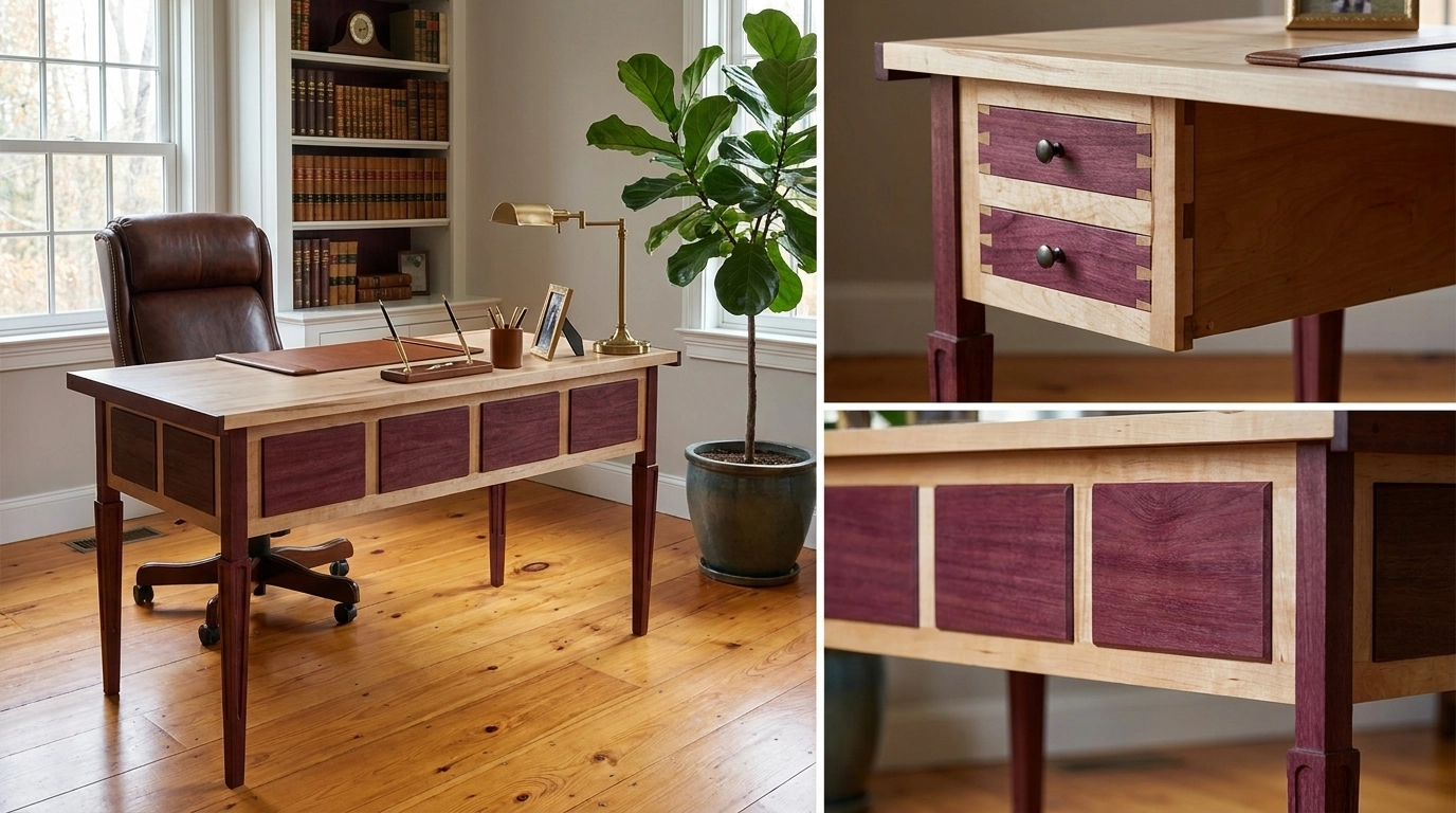 Handmade writing desk made of maple and purple heart