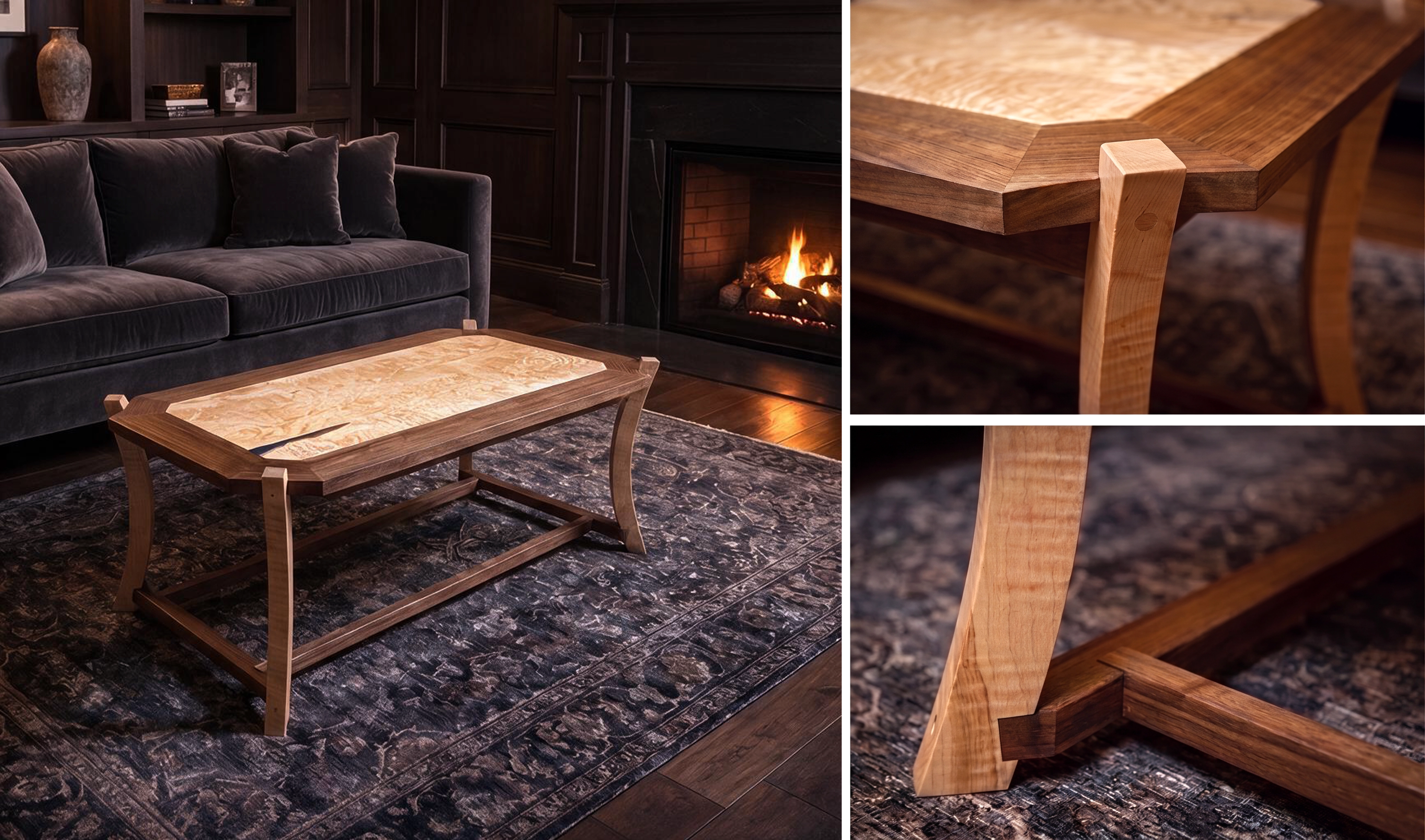 Custom handmade coffee table made from maple and walnut