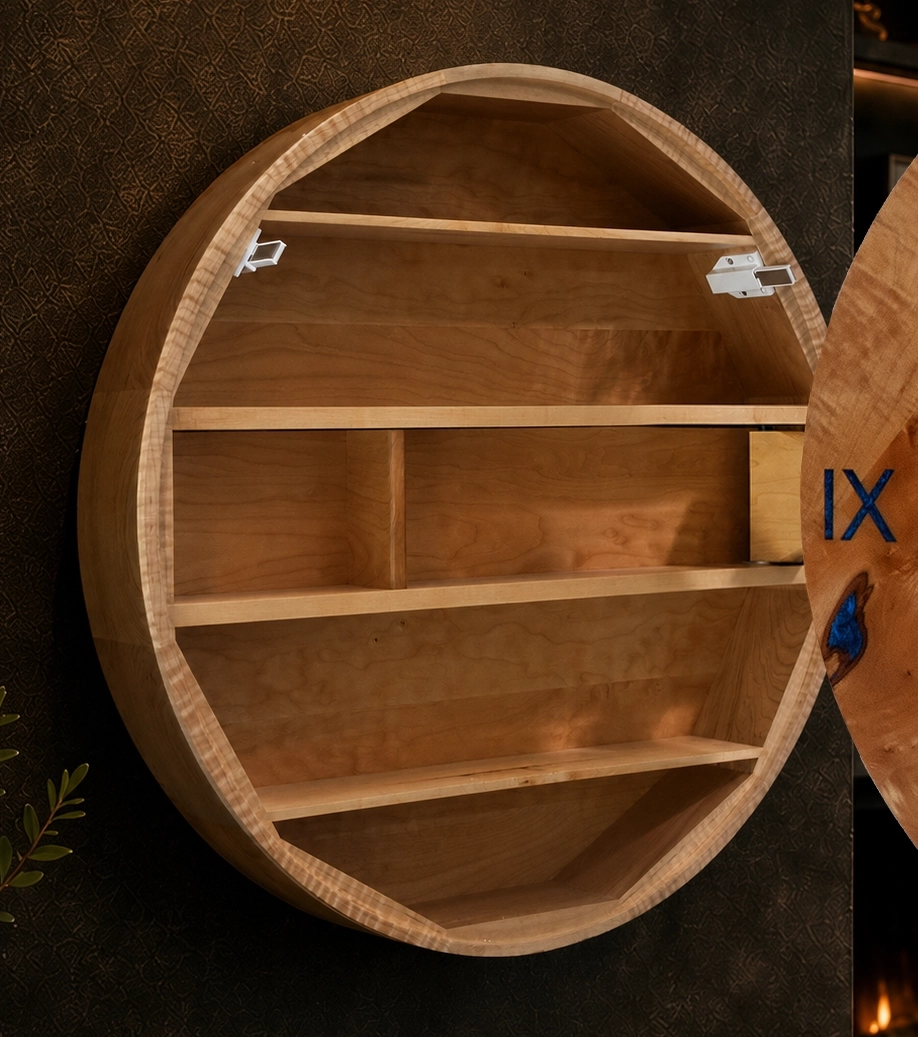 Hidden maple shelves revealed inside a handmade hardwood wall clock