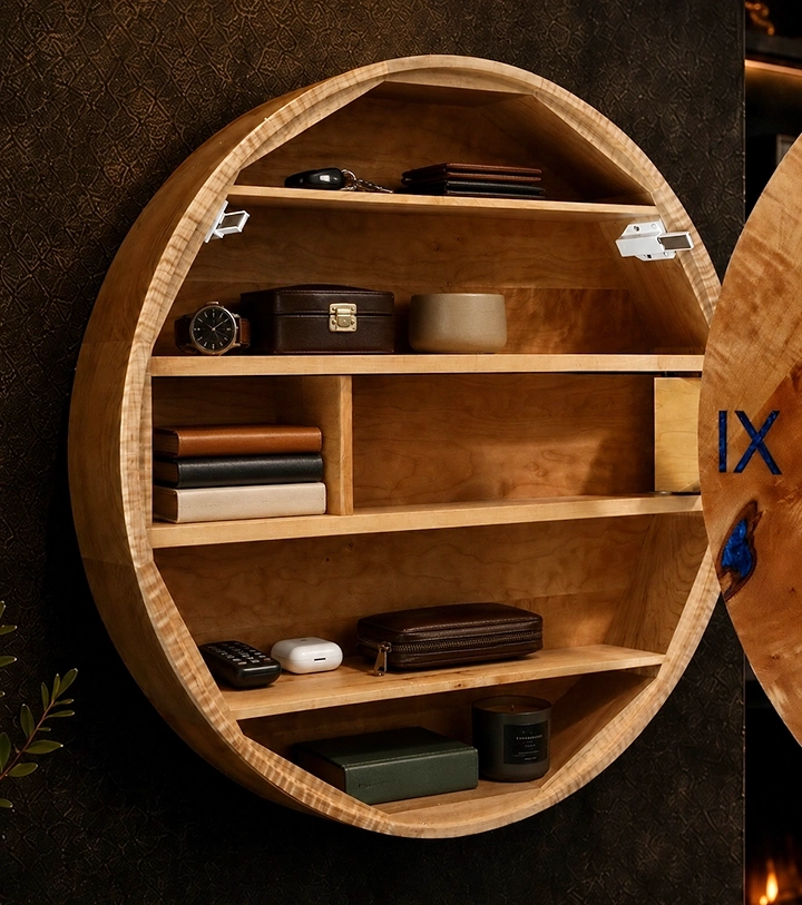 Hidden shelves shown in use inside a handmade hardwood wall clock