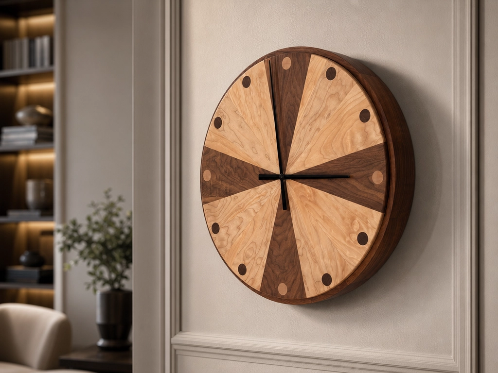 Custom walnut and maple pinwheel wall clock with hidden shelf storage and contrasting wedge face